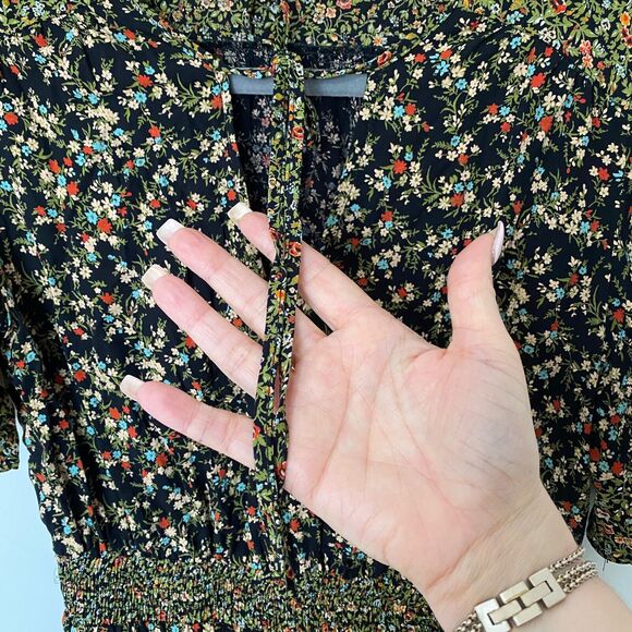 Zara Peasant Boho Black Multi Floral Tiered Ruffle Mini Sundress Tie Front Small - Picture 8 of 12